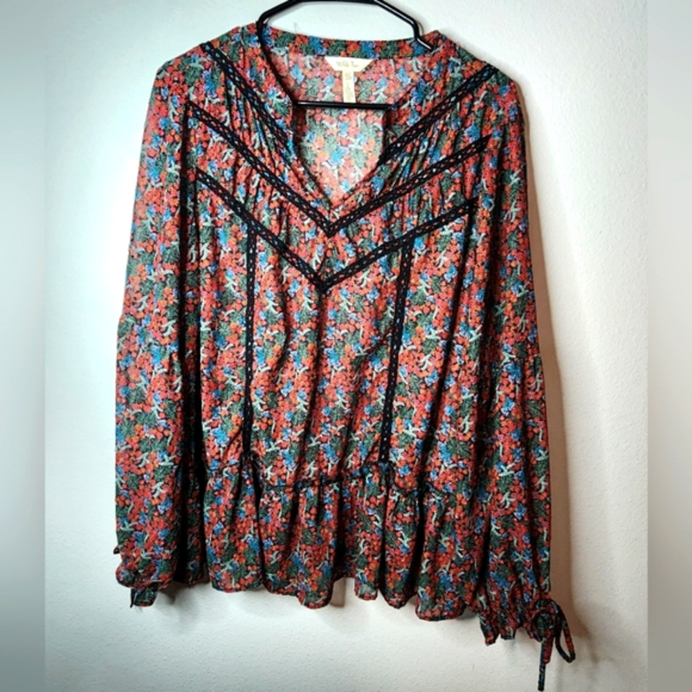Matilda Jane, Balloon Sleeve Floral Flowy Ruffle Peasant Top Blouse, Women XXL